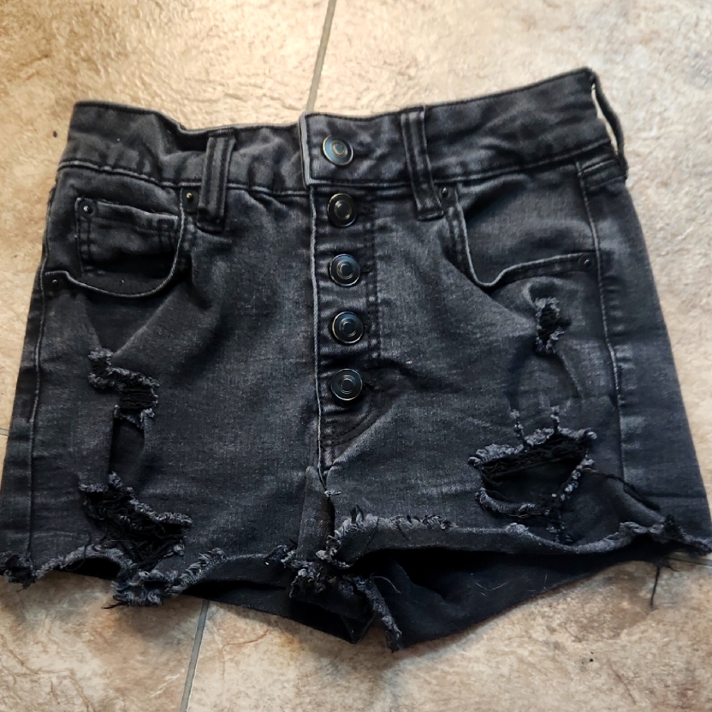 Distressed Black Denim Shorts